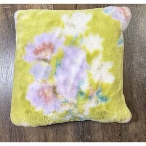 Anthropologie Faux Fur Throw Pillow Green Floral Feather Down NWOT